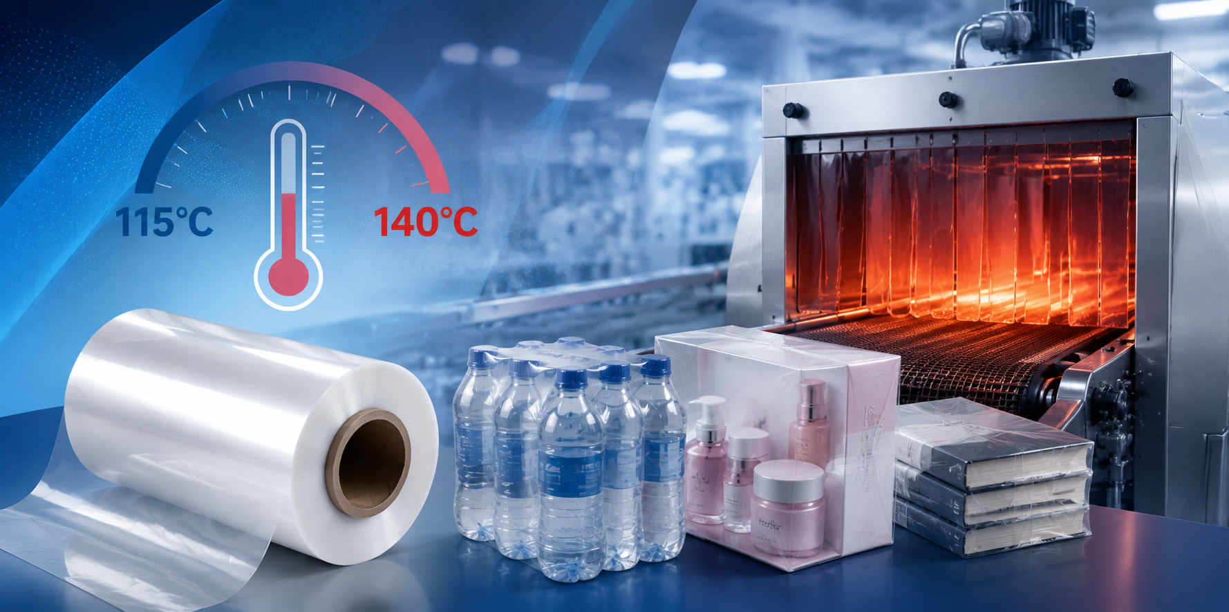 Configurações de temperatura de encolhimento do filme termoencolhível POF