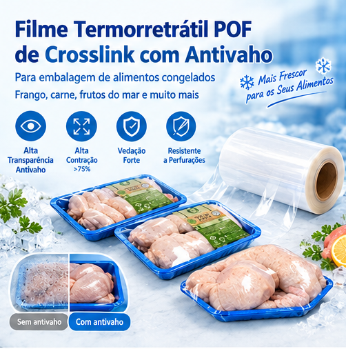 Filme Termorretrátil Poliolefínico (POF) Cross Linked Antifog para Alimentos Congelados